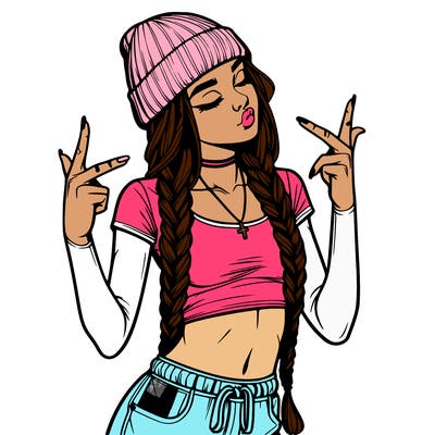 realistic teenage girl with braids and a beanie and crop top doing 🫶🏼