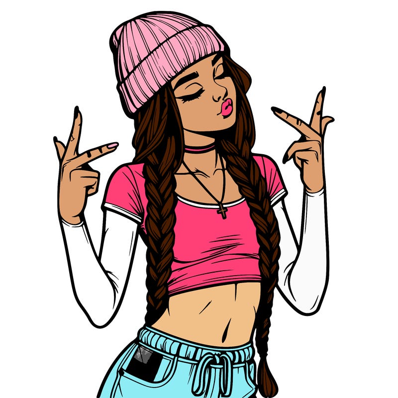 realistic teenage girl with braids and a beanie and crop top doing 🫶🏼