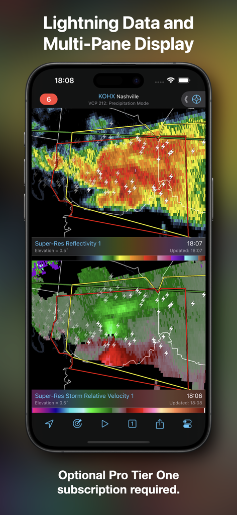 Screenshot of the RadarScope app showing a split-screen view with super-res reflectivity and storm relative velocity including lightning data.
