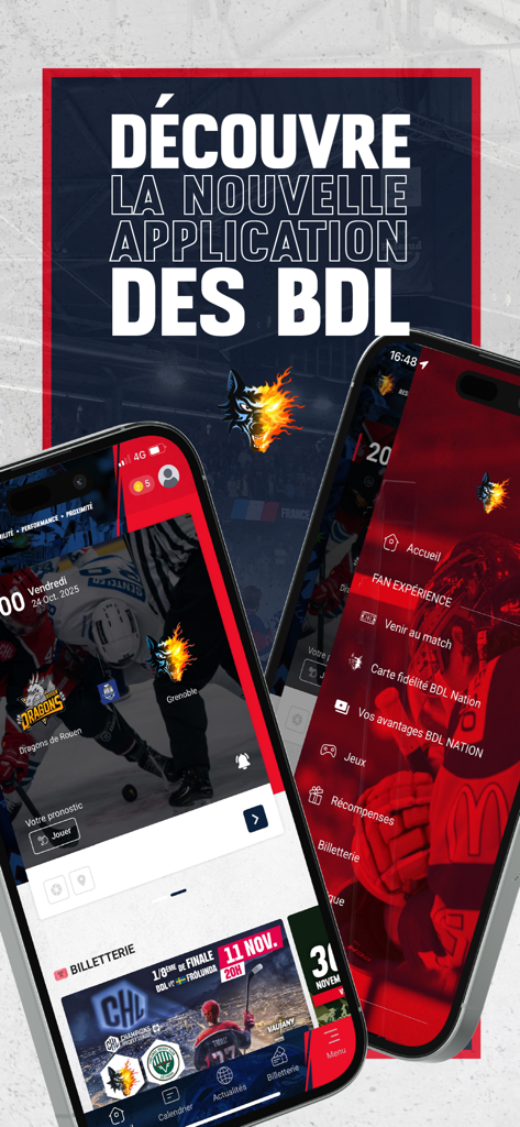 Bruleurs de Loups - Bruleurs de Loups official hockey app showing fan engagement features and match schedules.