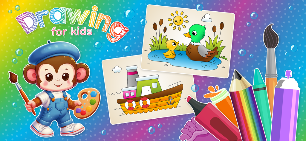 Toddler Coloring Book for Kids - Um personagem de macaco artista fofo segurando um pincel ao lado de ferramentas de arte e desenhos infantis