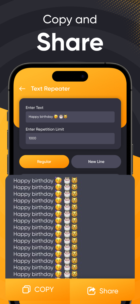 Re Message - Repeat Text 10k - Mobile app interface showing a birthday message repeated one thousand times with copy and share buttons