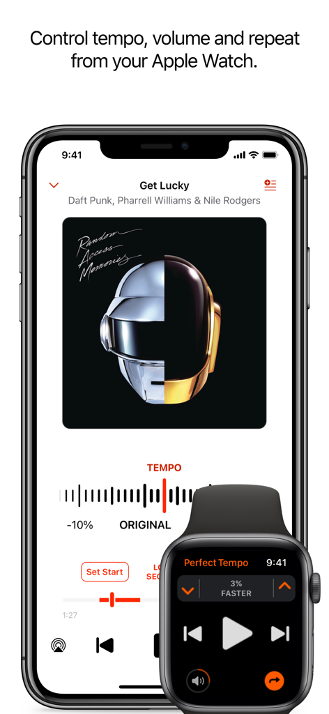 iPhone and Apple Watch displaying music tempo and playback controls in the Perfect Tempo app