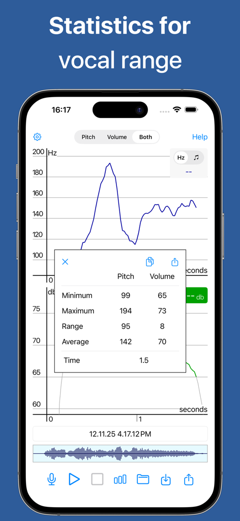 Voice Analyst: Pitch & Volume - Voice Analyst app screen showing pitch and volume statistics and graphs