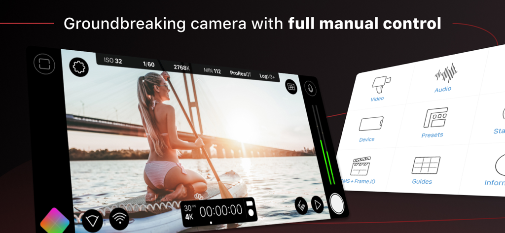 Interfaz de Filmic Pro mostrando controles manuales de cámara y ajustes de vídeo profesionales
