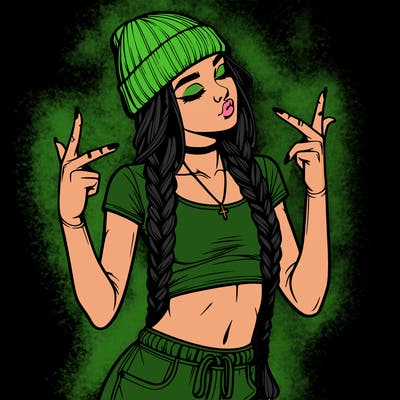 realistic teenage girl with braids and a beanie and crop top doing 🫶🏼