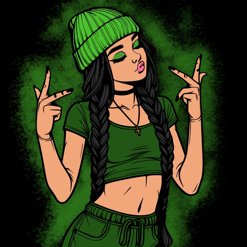 realistic teenage girl with braids and a beanie and crop top doing 🫶🏼