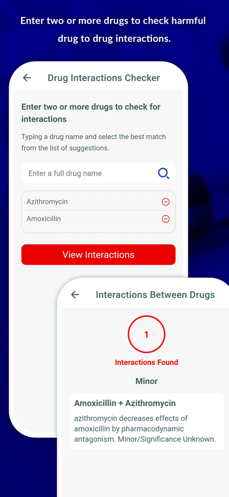 Pill Identifier - Pro - A mobile screen showing the drug interaction checker feature for identifying potential medication risks