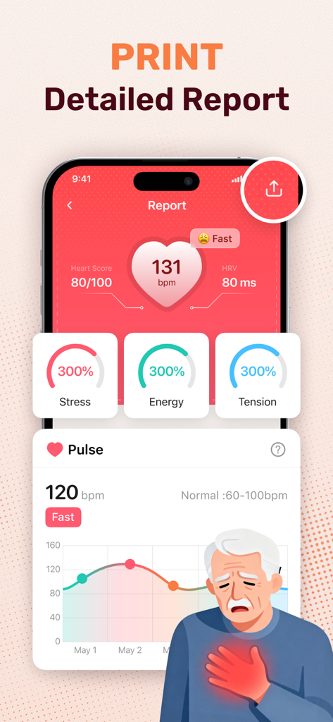 Health Tracker: Heart Rate Log - Tela detalhada de relatório de frequência cardíaca com tendências de pulso e métricas de bem-estar