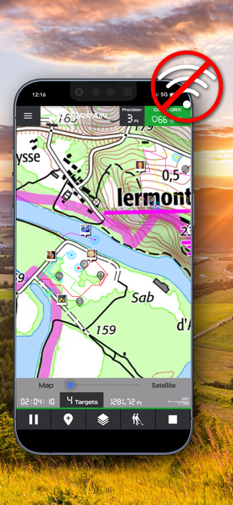 Go Terrain app on a smartphone showing a topographical map with metal detecting routes and icons of finds in offline mode