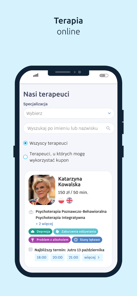 Helping Hand Mental Health App - A mobile interface for booking online therapy sessions in the Helping Hand Mental Health App displaying therapist profiles and available time slots.