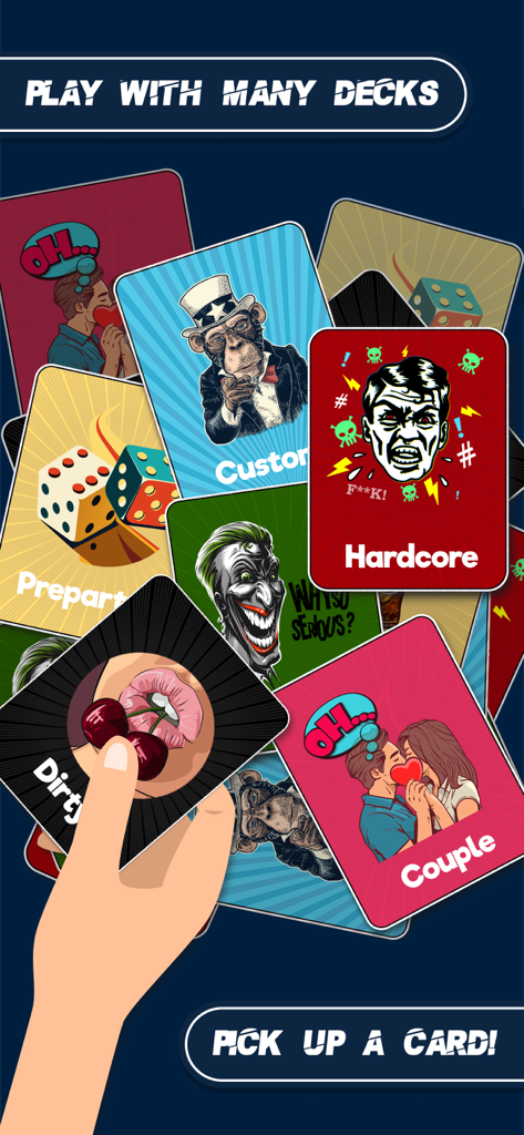 I Have Never: Party Game - Una mano che seleziona una carta da vari mazzi tematici, inclusi Piccanti, Hardcore e Coppia, nell'app del gioco di società I Have Never.