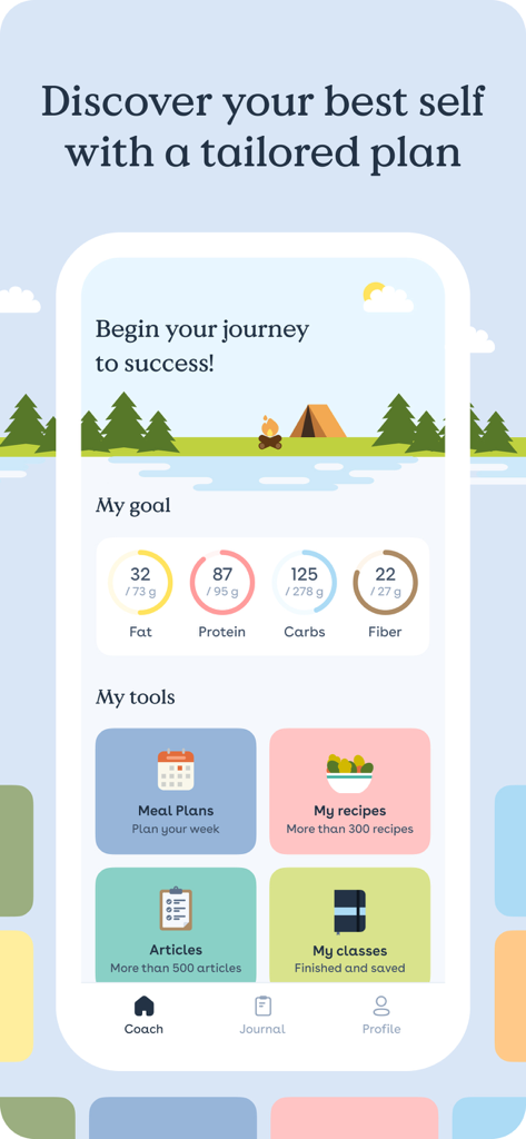 Foodvisor - AI Calorie Counter - Pantalla de la aplicación Foodvisor que muestra los objetivos de seguimiento de macros y herramientas de bienestar, incluidos planes de comidas y recetas.