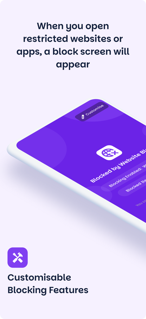 A mobile interface displaying a customizable block screen from the Website Blocker app designed to restrict access to distracting sites and apps