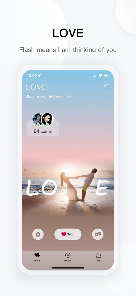 totwoo mobile app interface showing the love screen for long distance couples with a heart send button and connection status