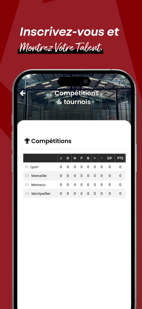 Sports competition leaderboard and tournament standings on the Club 45 app