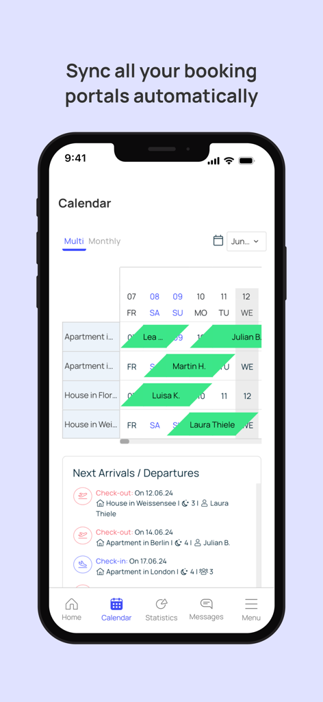 Smoobu app interface displaying a multi-property booking calendar with synchronized guest arrivals and departures.