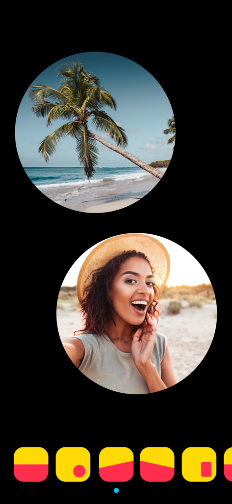 Double Camera • - ビーチのシーンとセルフィーを備えた円形の分割画面レイアウトで、フロントカメラとバックカメラの同時録画を示すDouble Cameraアプリのインターフェース