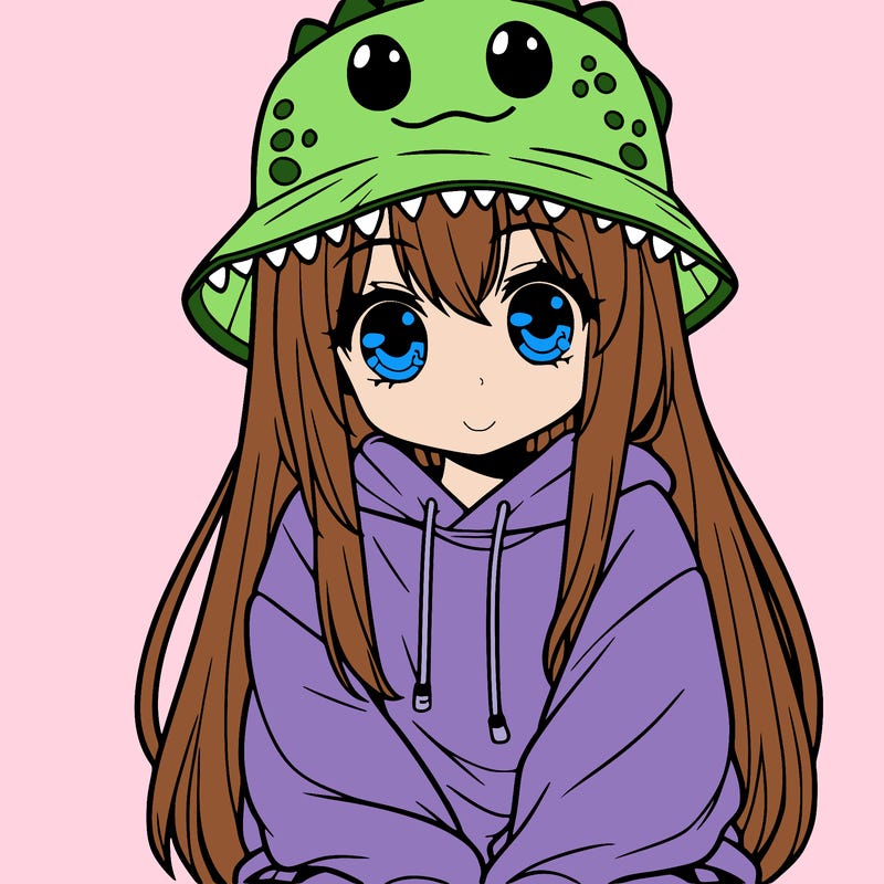 girl with anime shaped eyes with a dinosaur bucket hat oversized sweatshirt long straight hair