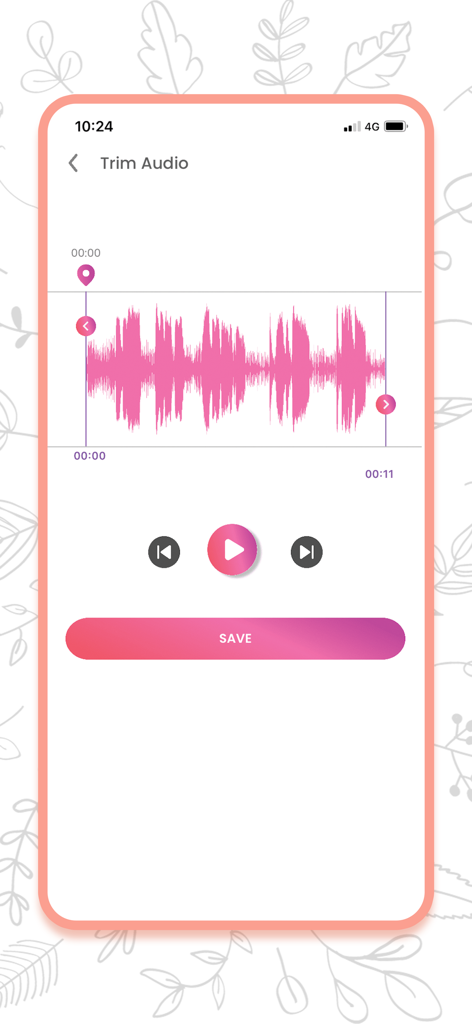 ピンクの波形と編集ツールが表示されたVoice Recorderアプリのオーディオトリミングインターフェース