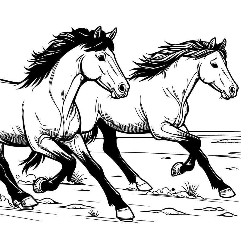 realistic wild horses running across a beach