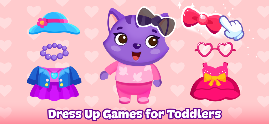 Baby Dress Up Games for Girls! - 귀여운 보라색 고양이 캐릭터가 다채로운 옷과 모자, 안경 같은 액세서리로 둘러싸인 유아 드레스업 게임 속 모습