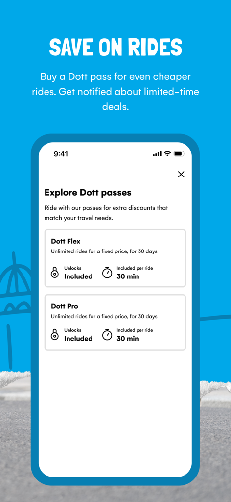 Dott app interface showing subscription pass options for unlimited rides and discounts.