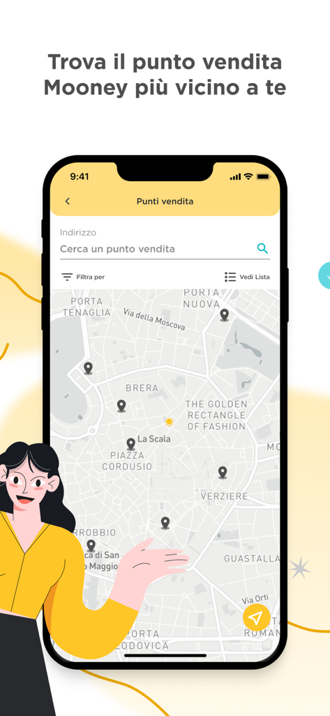 Interfaz de la app Mooney que muestra un mapa con pines para puntos de venta minorista en Italia