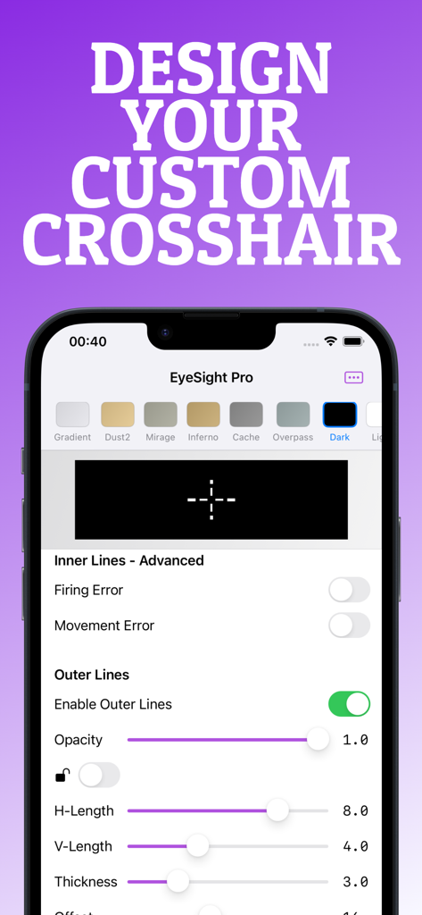 Custom Crosshair: EyeSight Pro - Interfaz de la aplicación EyeSight Pro que muestra herramientas para diseñar y personalizar una mira de juego con configuraciones avanzadas