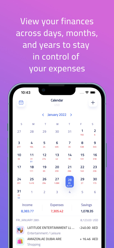 Crunch : Money Manager - Monthly calendar view in Crunch Money Manager showing daily income and expense tracking