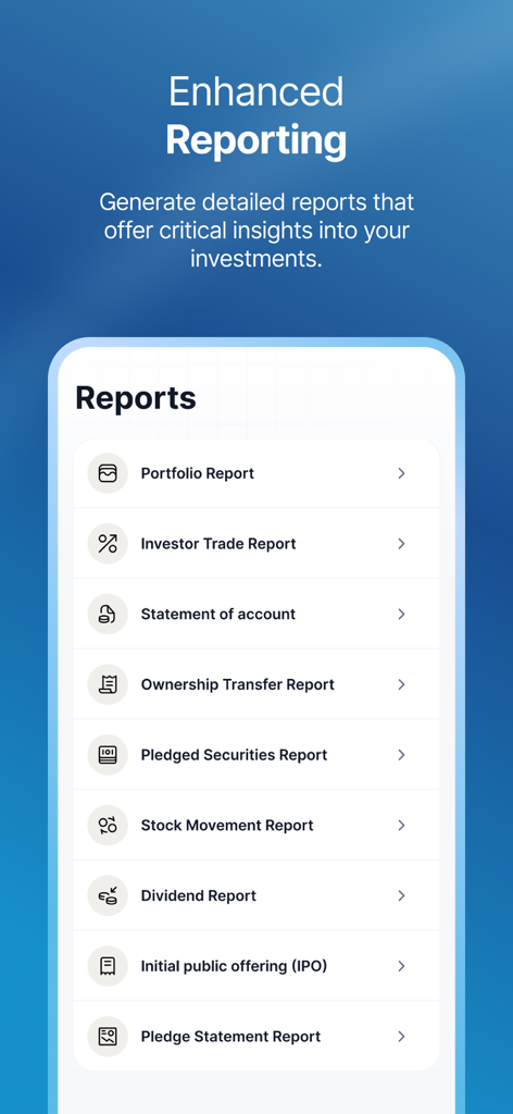 ADX Mobile - Screenshot of the ADX Mobile app's reporting section displaying a menu of investment reports such as Portfolio, Dividend, and IPO reports