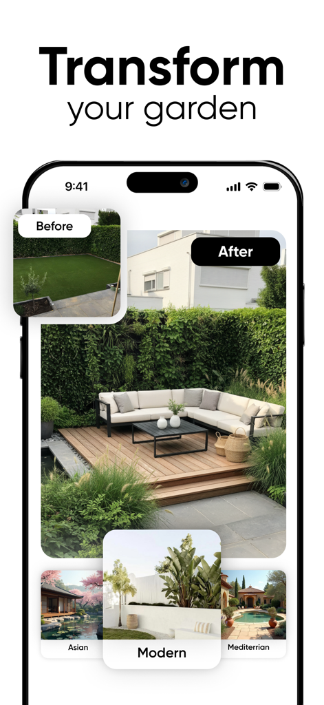 Deco - AI Home Design - Tela de smartphone mostrando uma reforma de jardim antes e depois usando o aplicativo Deco AI Home Design