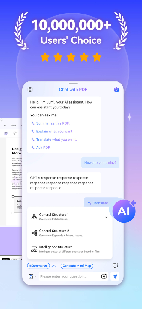 Interface do aplicativo móvel PDFelement mostrando o assistente de chat com IA para resumir e analisar documentos.