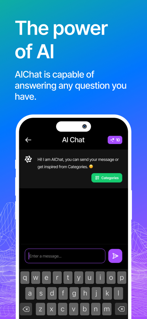 AI Chat : Virtual AI Assistant - AIチャット仮想アシスタントアプリのインターフェース。チャット画面とiPhone上のキーボードが表示されています。