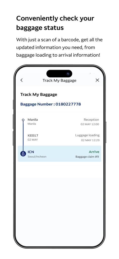 Smartphone displaying the Korean Air My app baggage tracking screen with real-time status from Manila to Seoul