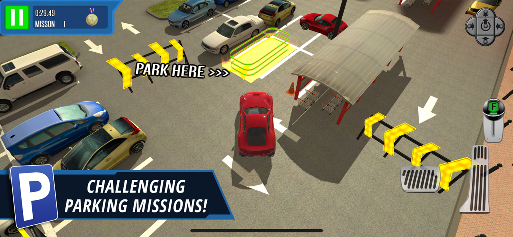 Multi Level: Shopping Mall - Red sports car navigating a challenging parking mission in a multi-level shopping mall garage