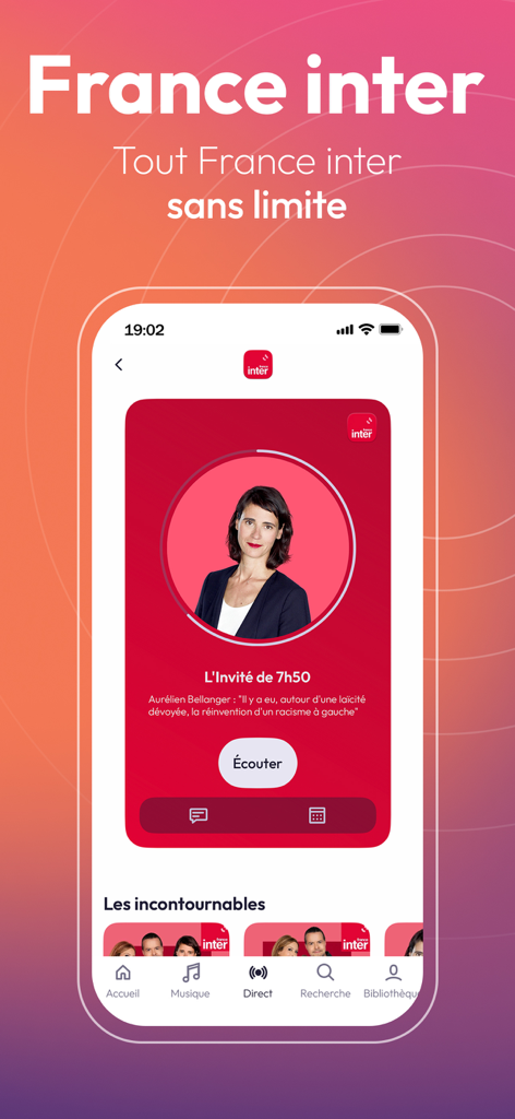 Radio France - podcast, direct - Radio France App-Oberfläche mit Live-Inhalten des Radiosenders France Inter mit einer Hör-Schaltfläche