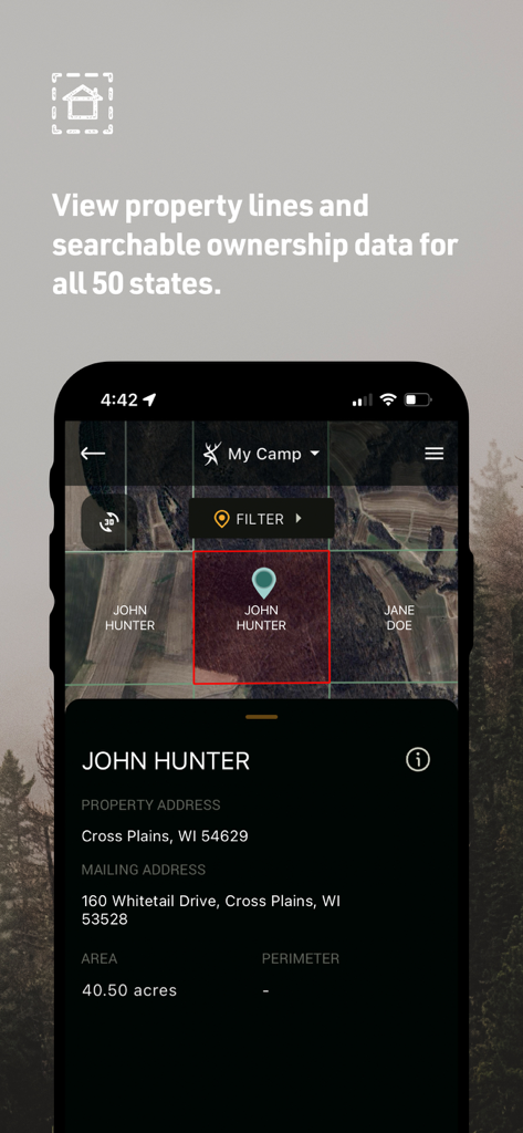 HuntStand app displaying property boundaries and owner information on a satellite map.