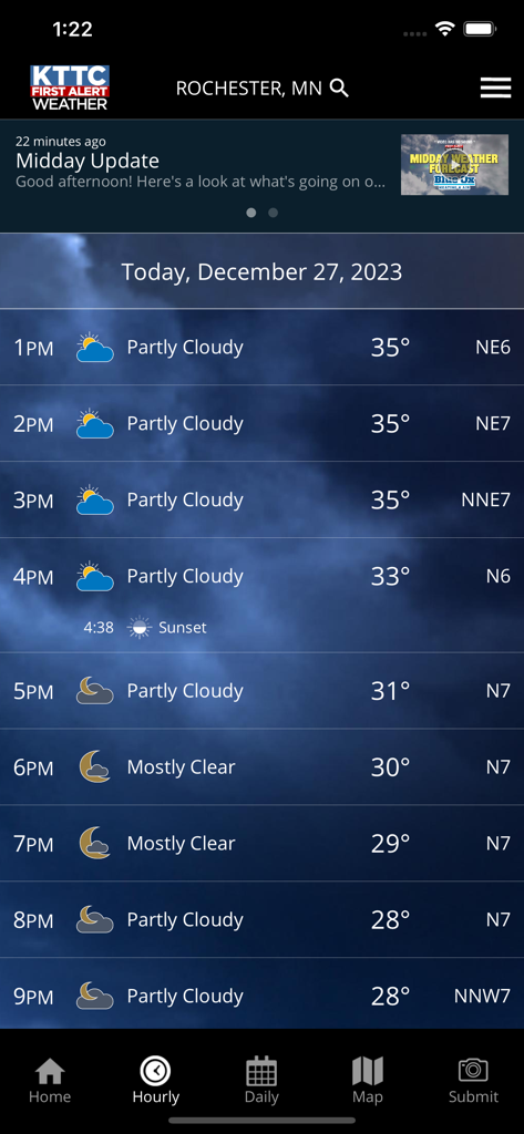 Hourly weather forecast for Rochester Minnesota on the KTTC First Alert Weather app showing temperatures and sky conditions