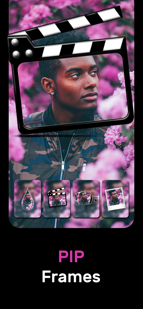 Locket Photo Locket Frames HD - Smartphone screenshot showing PIP frames with a photo of a man inside a movie clapperboard against a pink floral background
