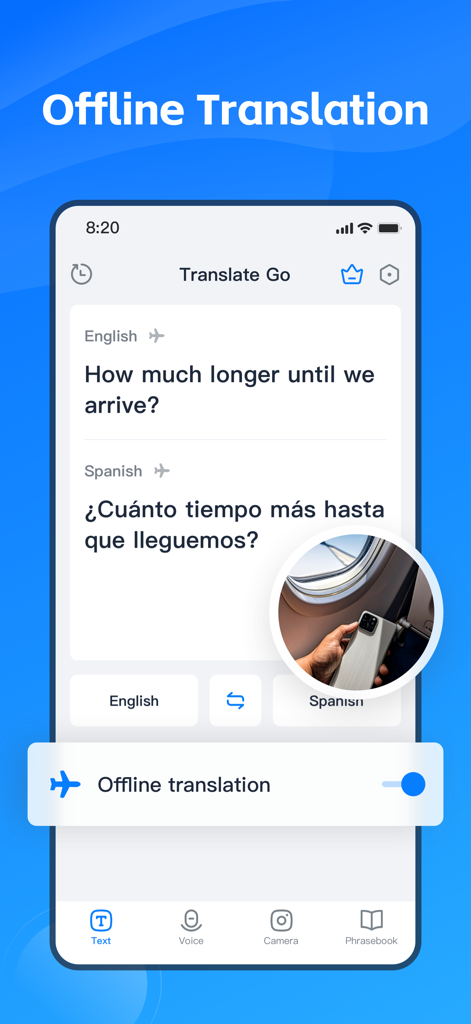 AI Translate Go - Translation - Interface of AI Translate Go showing the offline translation feature for travelers