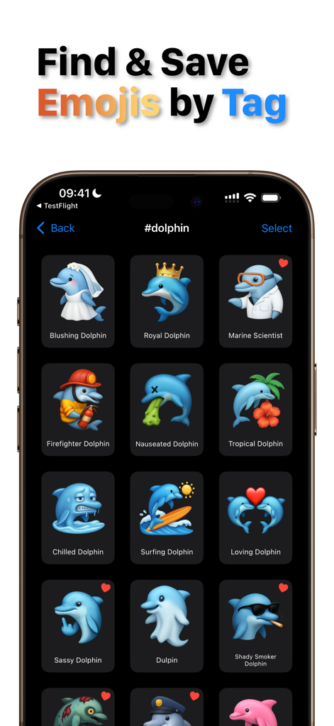 Emoji Merge & Mix: Mixoji - Interfaz de la aplicación Mixoji que muestra una colección de emojis de delfines personalizados organizados por etiqueta, incluyendo un delfín real y un delfín científico marino.