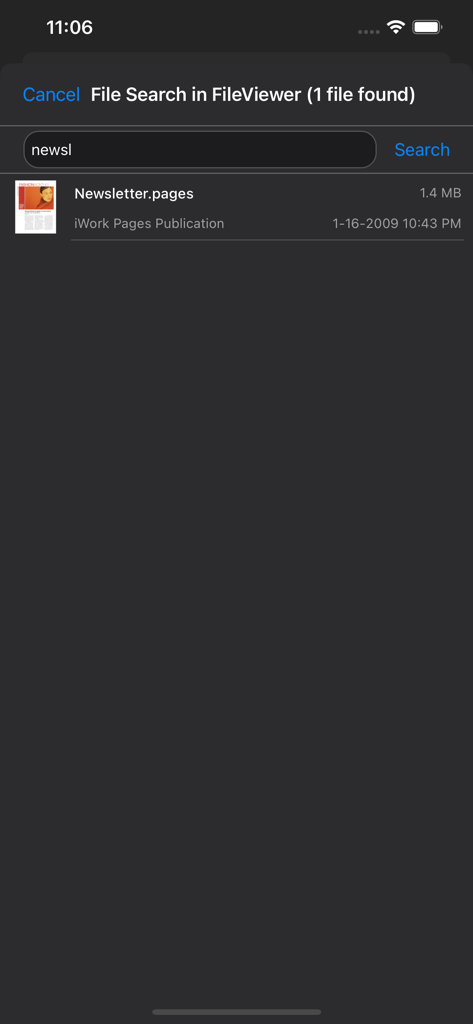 FileViewer USB for iPhone - Resultado de búsqueda de archivo para un documento de Pages en la aplicación FileViewer USB