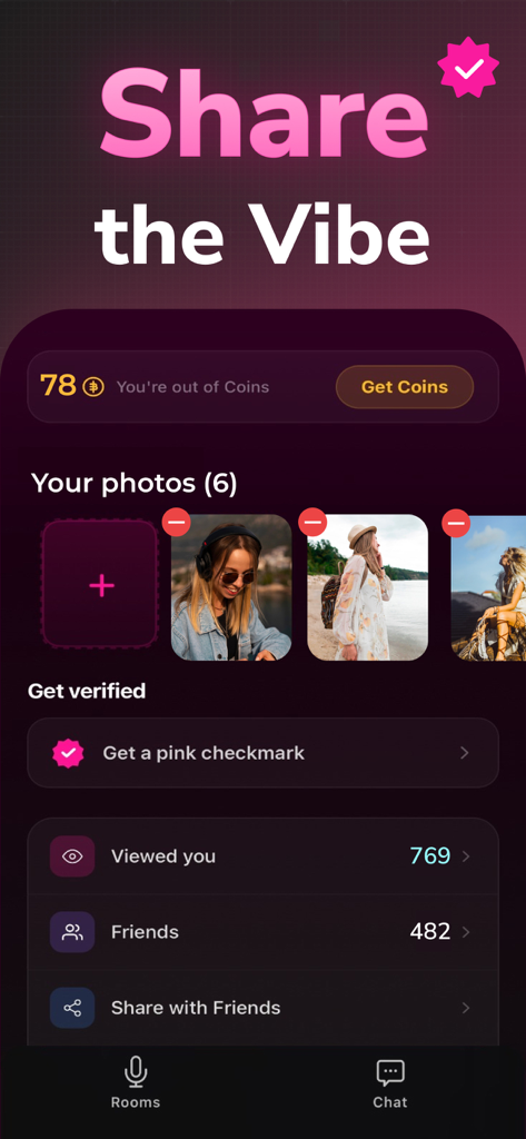Pink Chat: Make New Friends - 핑크챗의 사용자 프로필 인터페이스에 프로필 사진, 친구 수 및 계정 확인 옵션이 표시됩니다