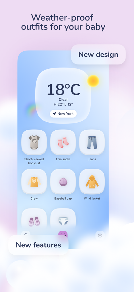 BabyWeather - Bildschirm der BabyWeather-App, der Kleidungsvorschläge für ein Baby bei 18 Grad Celsius Wetter in New York zeigt