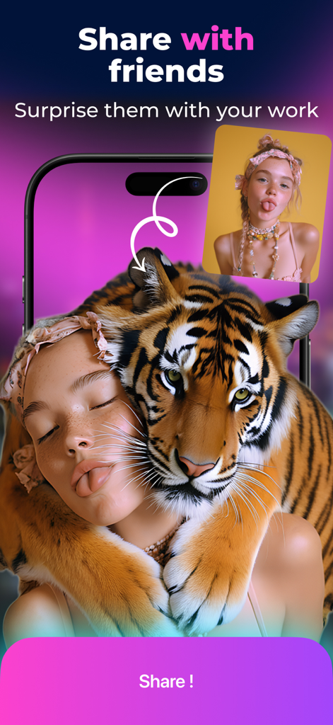 Seedance AI: Generate Video - Seedance AI app screen showing an AI-generated video of a girl hugging a tiger and a button to share with friends