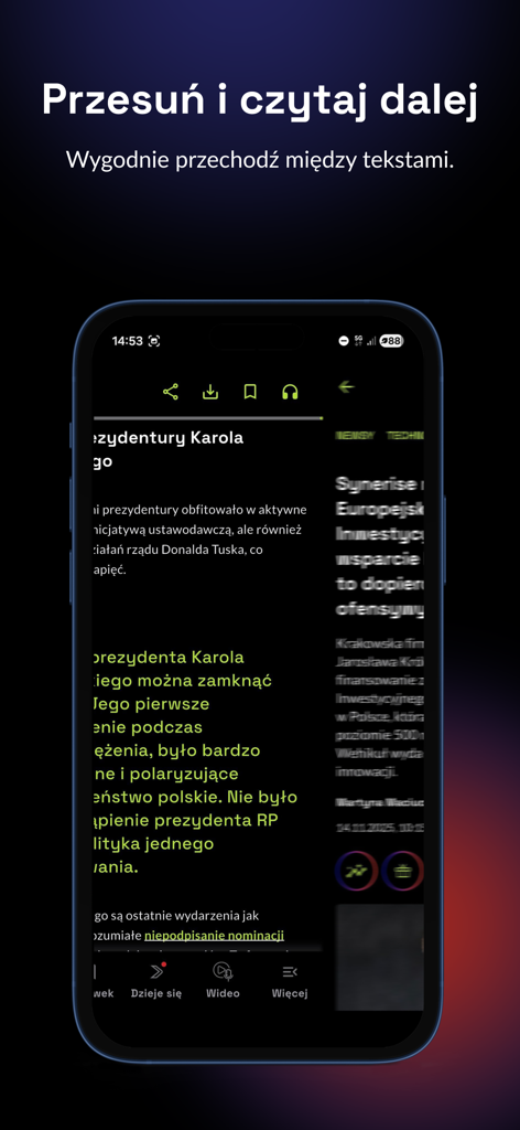 XYZ - Teléfono inteligente mostrando gesto de deslizamiento horizontal para navegar entre artículos de noticias en la app XYZ.