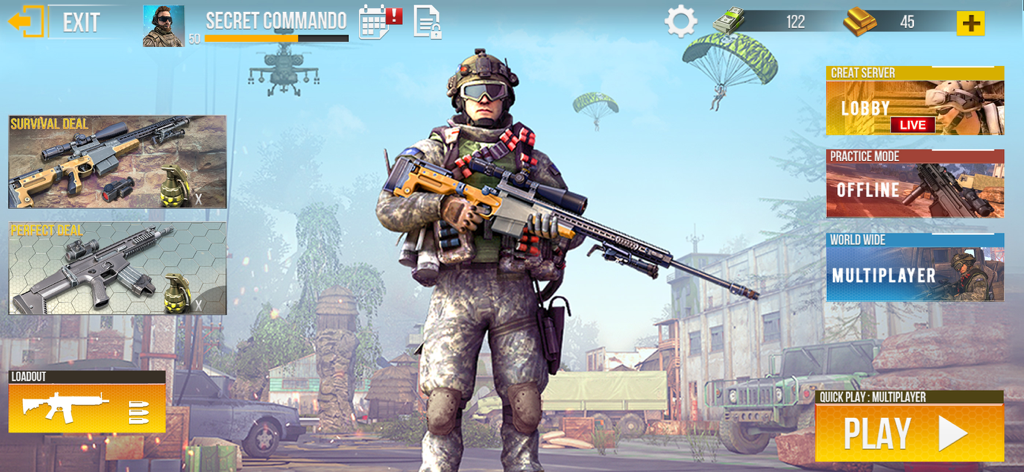 FPS Commando Gun Game Offline - Main menu screen of FPS Commando Gun Game Offline featuring a soldier in tactical gear holding a sniper rifle with various game mode options