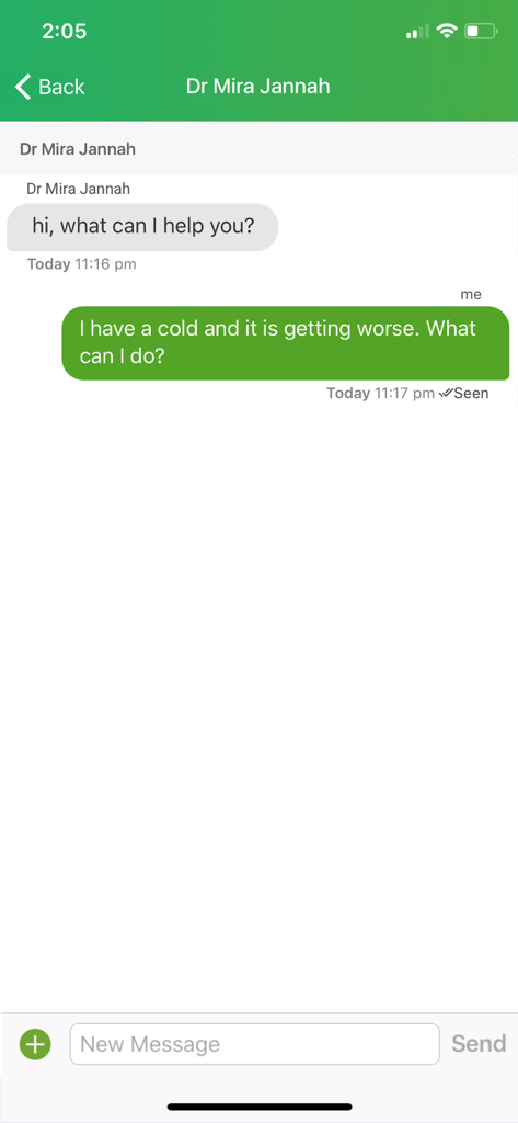 VSee Clinic for Patient - Secure telehealth chat interface between a patient and a doctor on the VSee Clinic app.