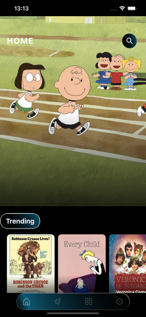 Lazer Dodge Movie Mind app home screen showing trending movies and a featured animation banner.